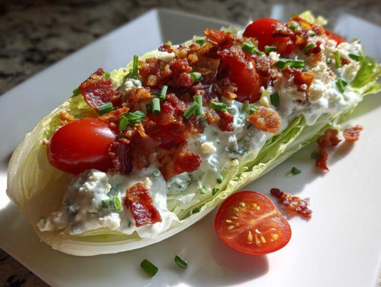 A perfectly dressed Steakhouse Wedge Salad with blue cheese, crispy bacon, and cherry tomatoes on a white plate.