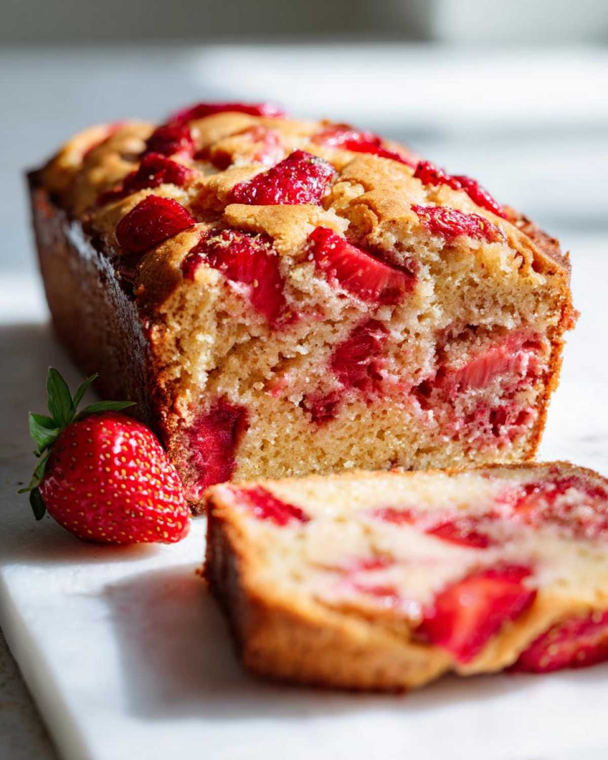 A close-up of a sliced Strawberry Almond Flour Snack Cake loaf studded with bright red strawberries.