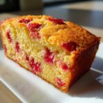 Close-up of a golden slice of Strawberry Almond Flour Snack Cake showing moist crumb and embedded strawberry pieces.