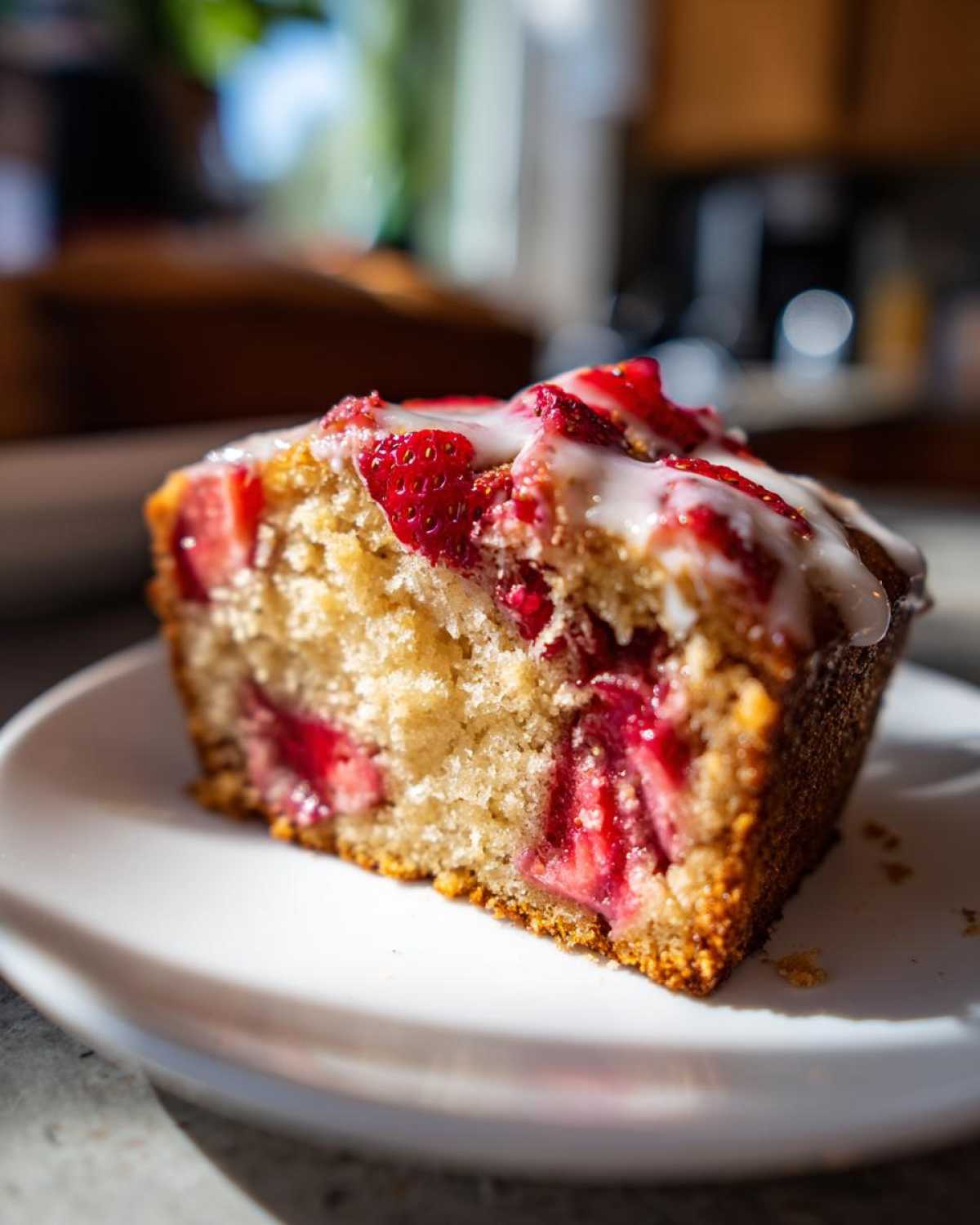 Close-up of a moist slice of Strawberry Almond Flour Snack Cake topped with fresh strawberries and white glaze.