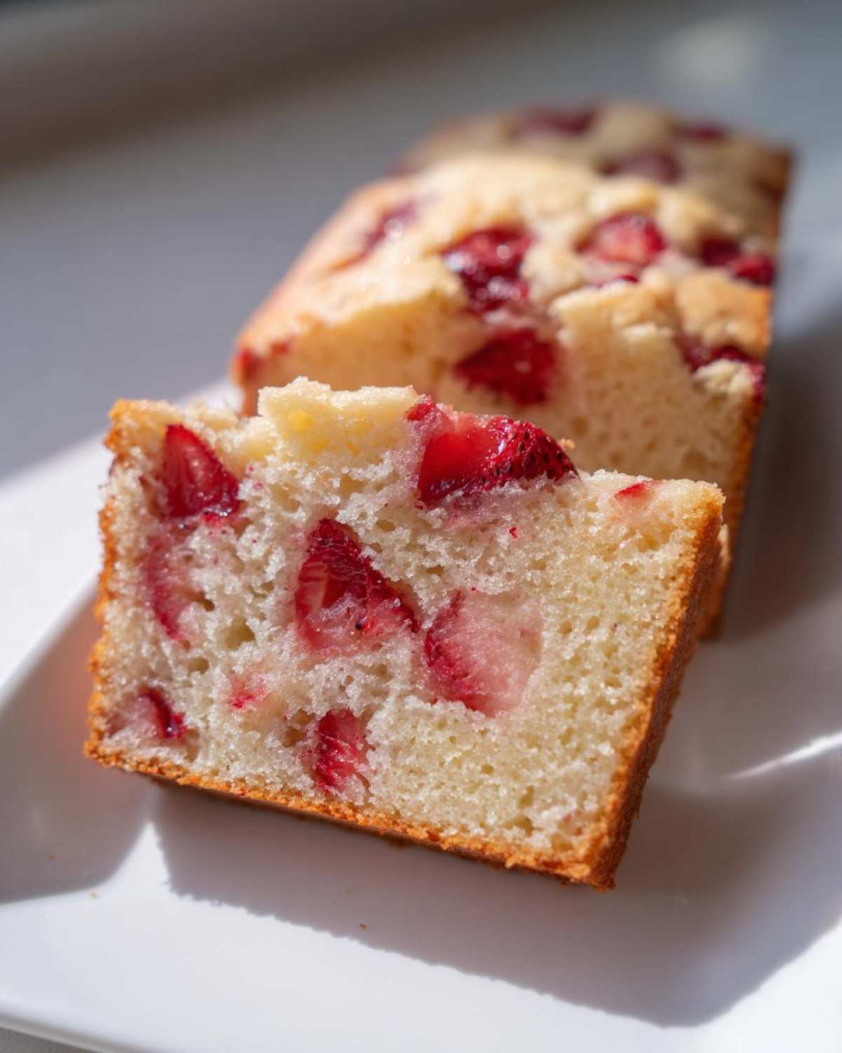 Close-up of a moist slice of Strawberry Almond Flour Snack Cake showing embedded fresh strawberries.