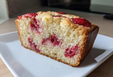 A close-up of a moist slice of Strawberry Almond Flour Snack Cake, studded with bright red strawberries, served on a white rectangular plate.