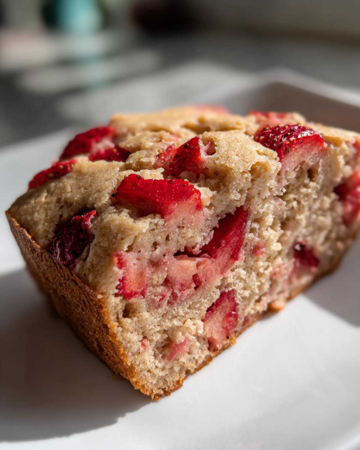 Close-up of a moist slice of Strawberry Almond Flour Snack Cake studded with bright red strawberry pieces.