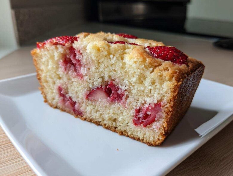 A close-up of a moist slice of Strawberry Almond Flour Snack Cake, studded with bright red strawberries, served on a white rectangular plate.