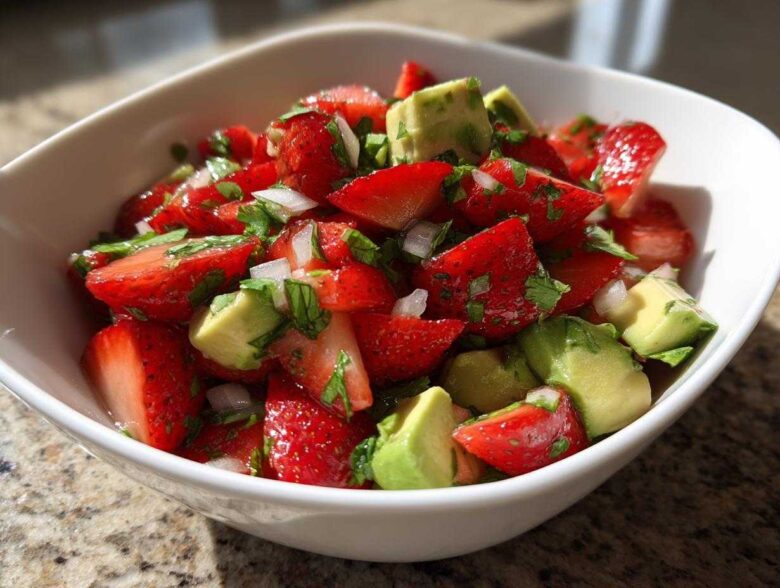 Close-up of vibrant Strawberry Avocado Salsa with Lime, featuring chopped strawberries, avocado chunks, and onions in a white bowl.