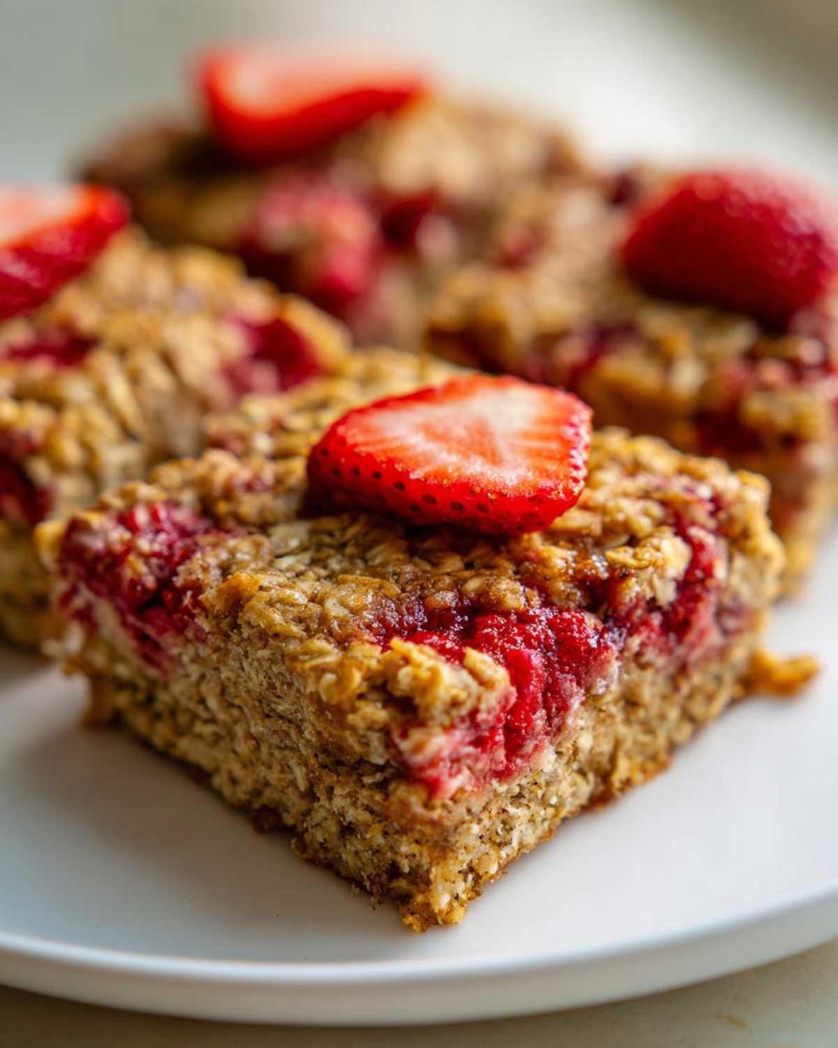 A close-up of a square piece of Strawberry Baked Oatmeal Breakfast Squares topped with a fresh strawberry slice.