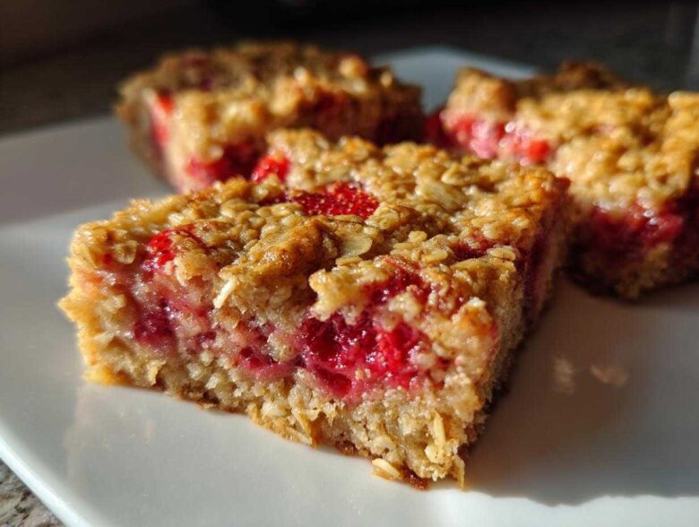 A close-up of a freshly baked Strawberry Baked Oatmeal Breakfast Squares square showing a thick layer of bright red fruit filling.