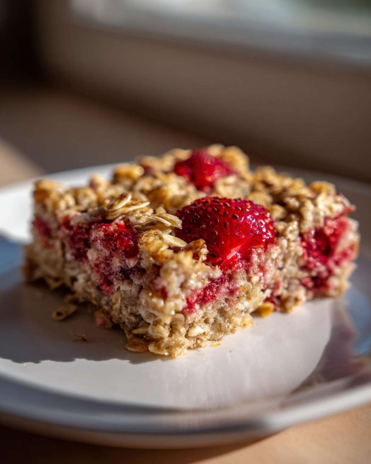 A single square of Strawberry Baked Oatmeal Breakfast Squares topped with whole strawberries and oats, served on a white plate.