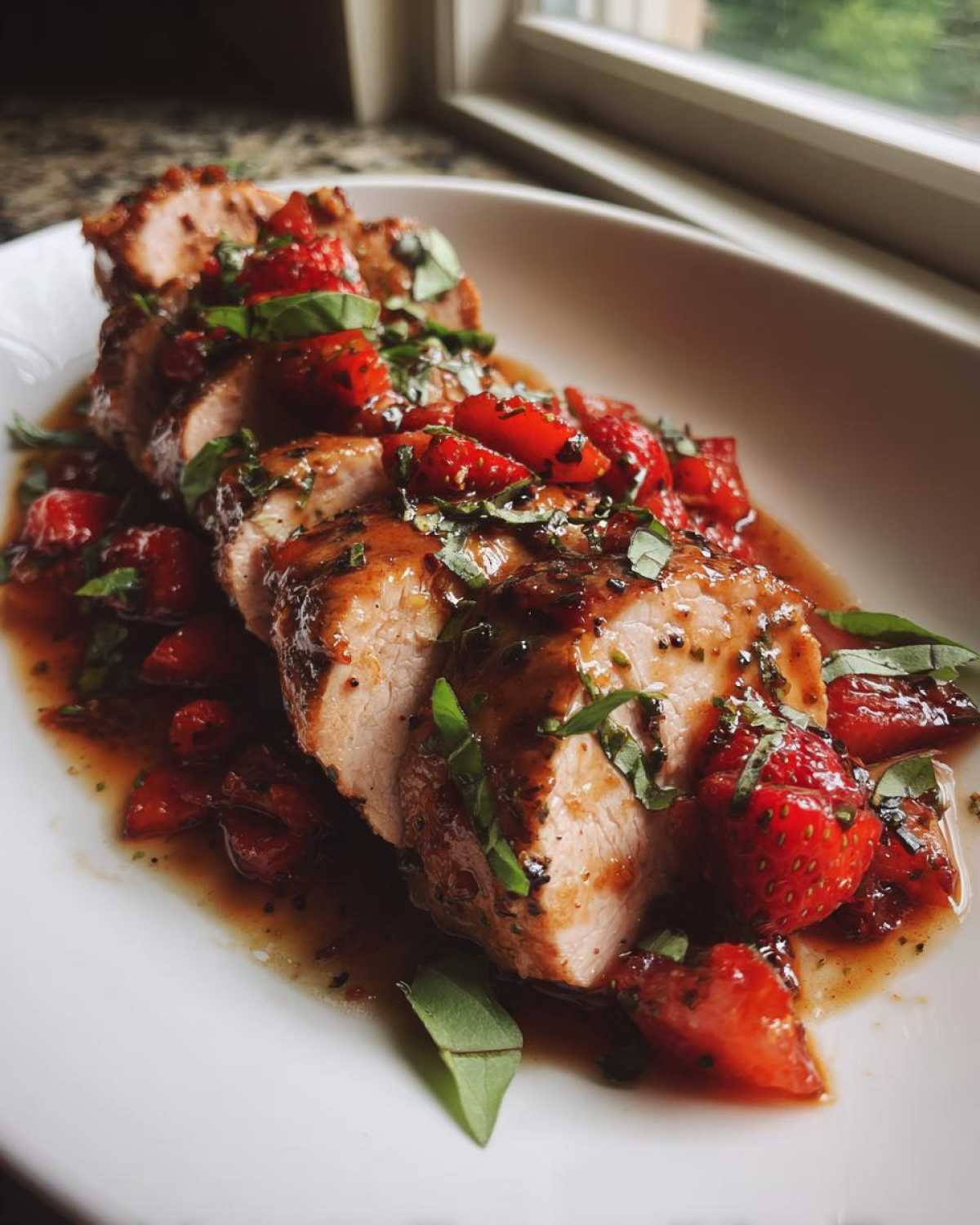 Slices of juicy Strawberry Balsamic Pork Tenderloin topped with a strawberry and basil reduction sauce.