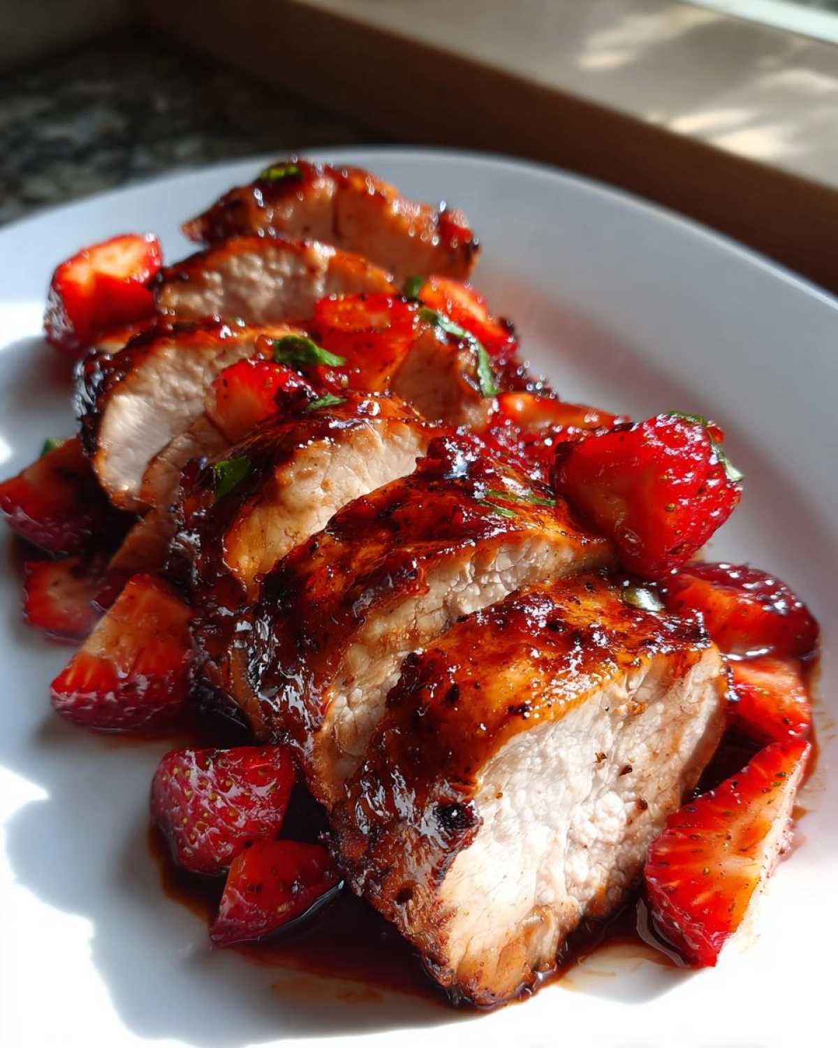 Close-up of sliced Strawberry Balsamic Pork Tenderloin covered in a rich, dark glaze and fresh strawberries.