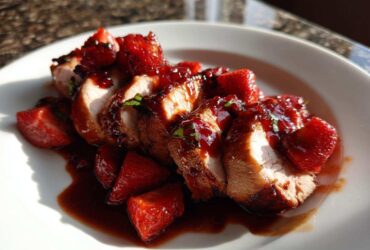 Close-up of sliced Strawberry Balsamic Pork Tenderloin covered in a rich, glossy strawberry balsamic reduction.
