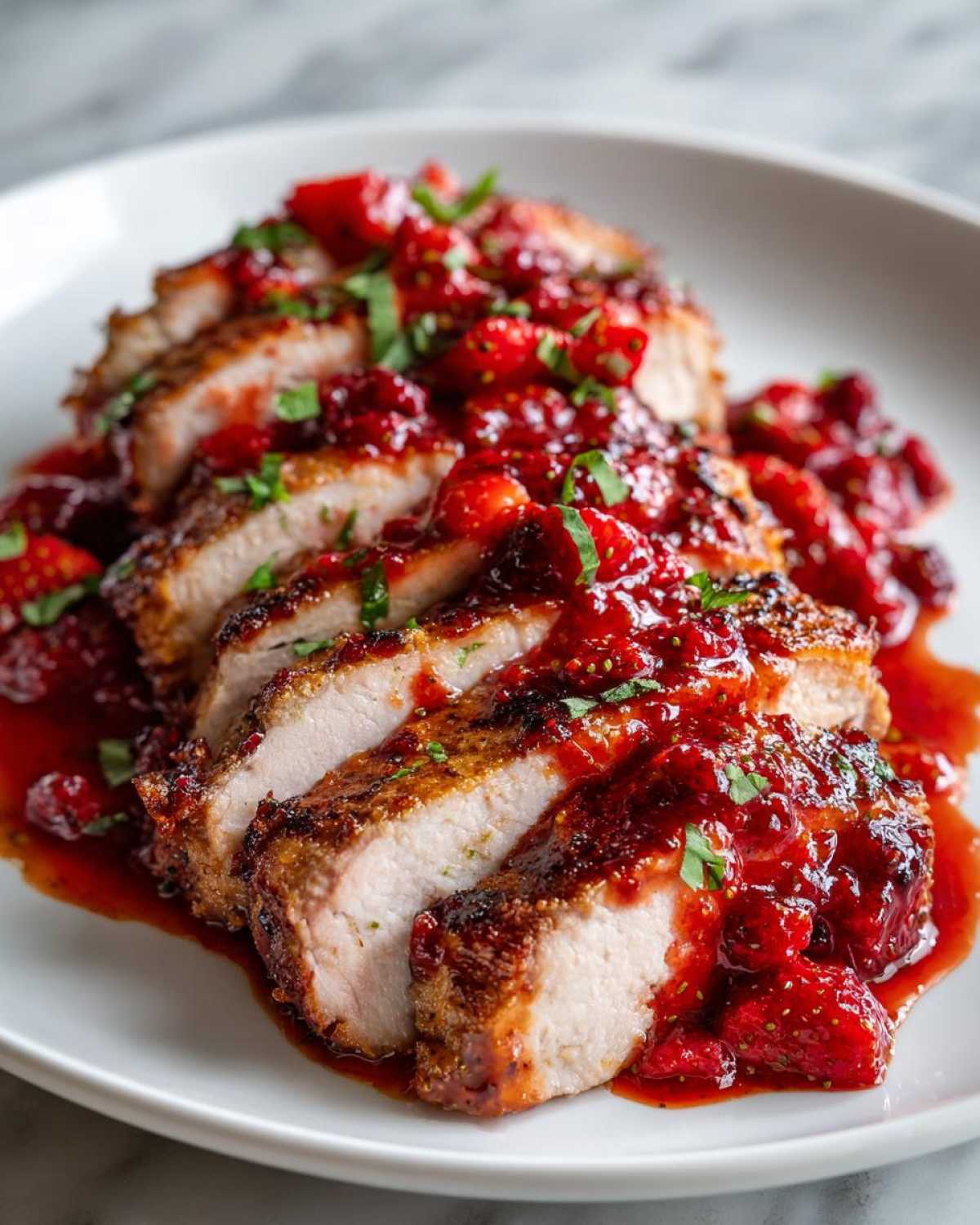 Close-up of sliced Strawberry Balsamic Pork Tenderloin covered in a vibrant strawberry sauce and garnished with herbs.