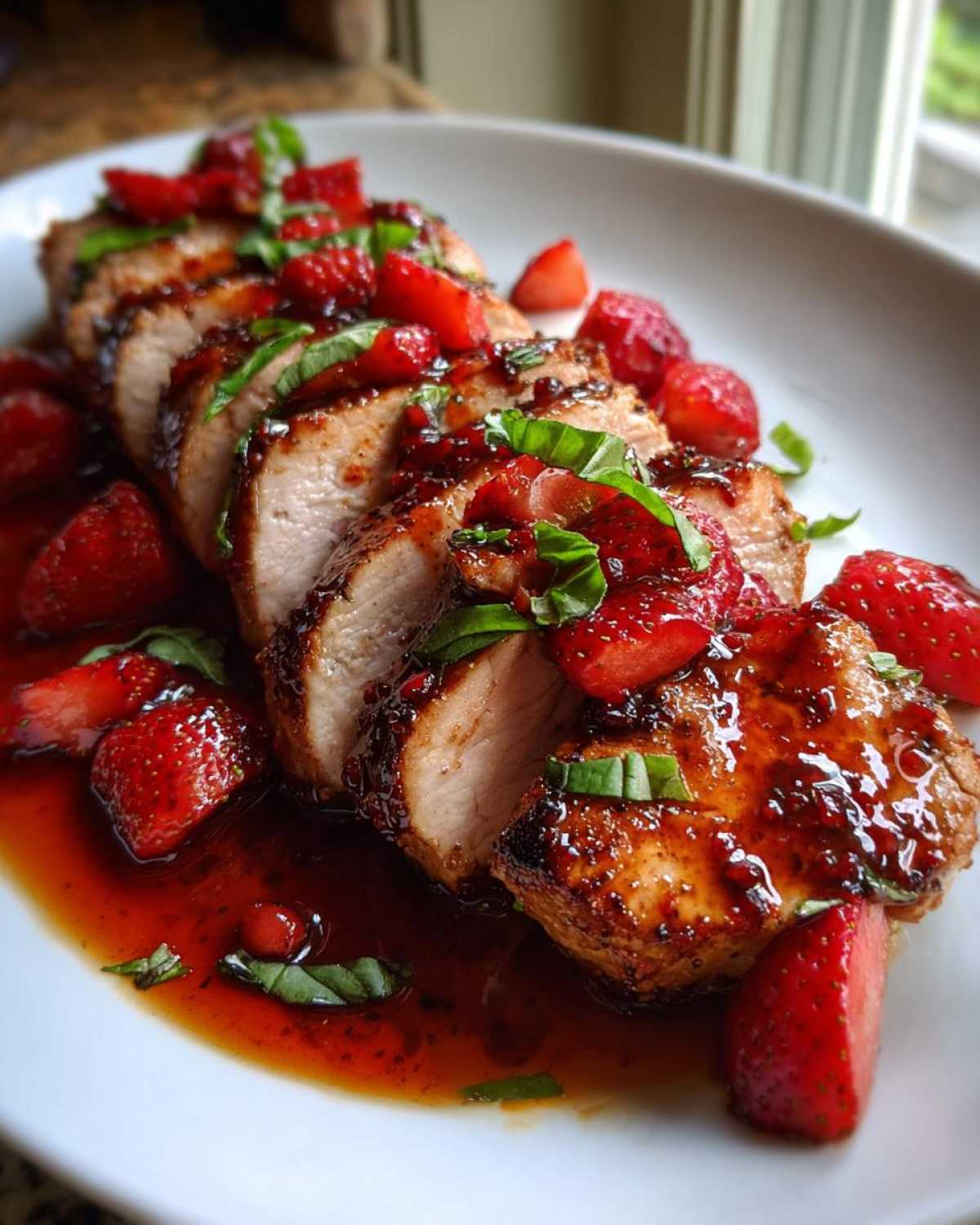 Close-up of sliced Strawberry Balsamic Pork Tenderloin topped with strawberry pieces and basil.