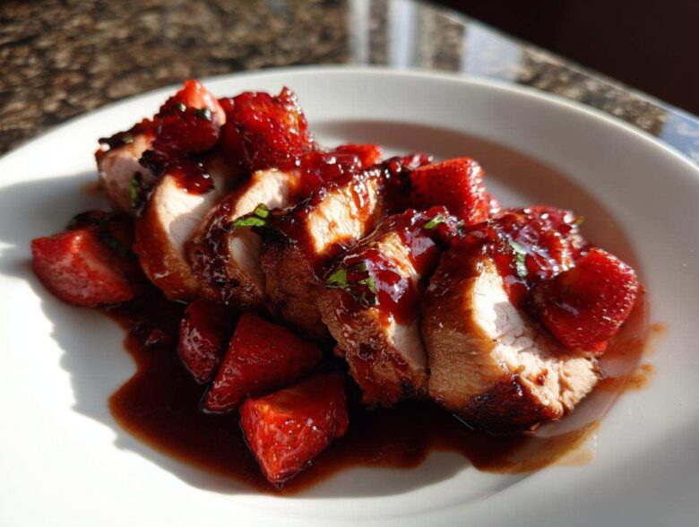 Close-up of sliced Strawberry Balsamic Pork Tenderloin covered in a rich, glossy strawberry balsamic reduction.