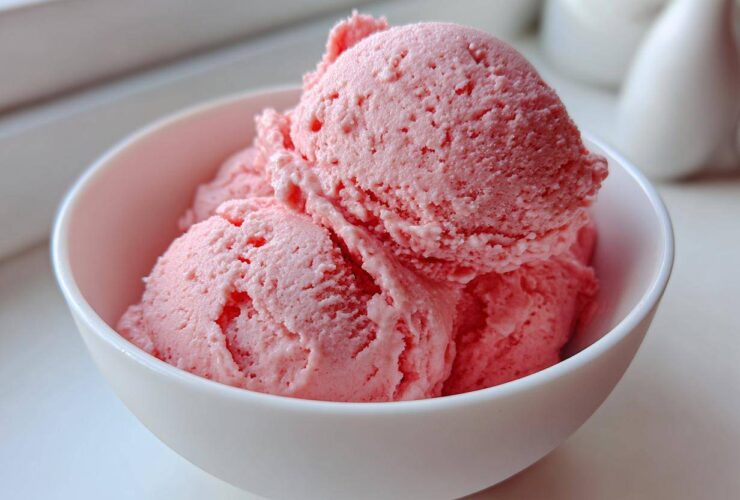 Three scoops of bright pink Strawberry Banana Nice Cream served in a small white bowl.