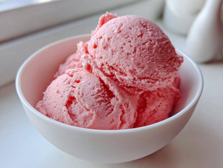 Three scoops of bright pink Strawberry Banana Nice Cream served in a small white bowl.