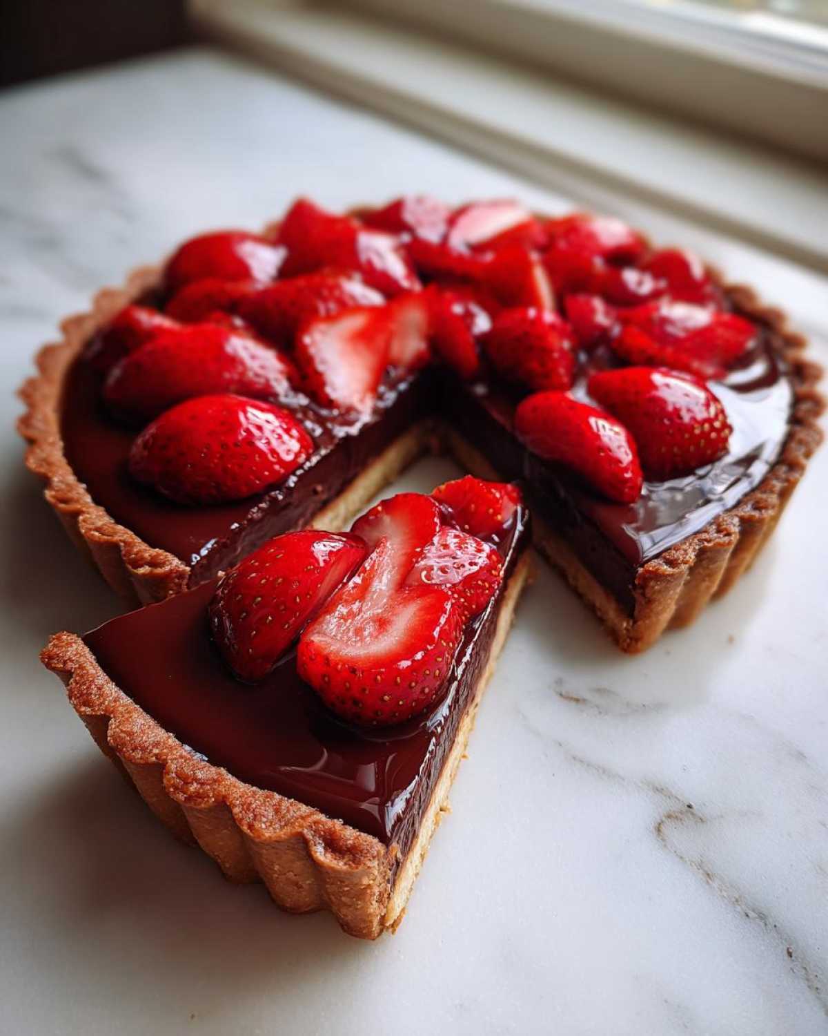 A slice of rich Strawberry Chocolate Ganache Tart sits next to the main tart, topped with glossy chocolate and fresh strawberries.
