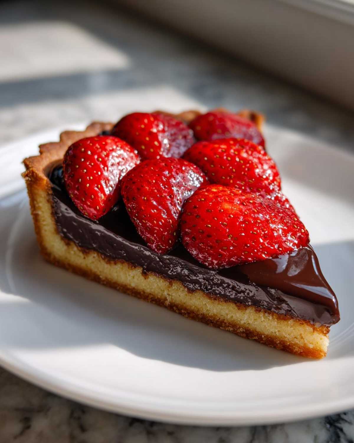 A perfect slice of Strawberry Chocolate Ganache Tart featuring a golden crust, rich dark ganache, and topped with glossy fresh strawberries.
