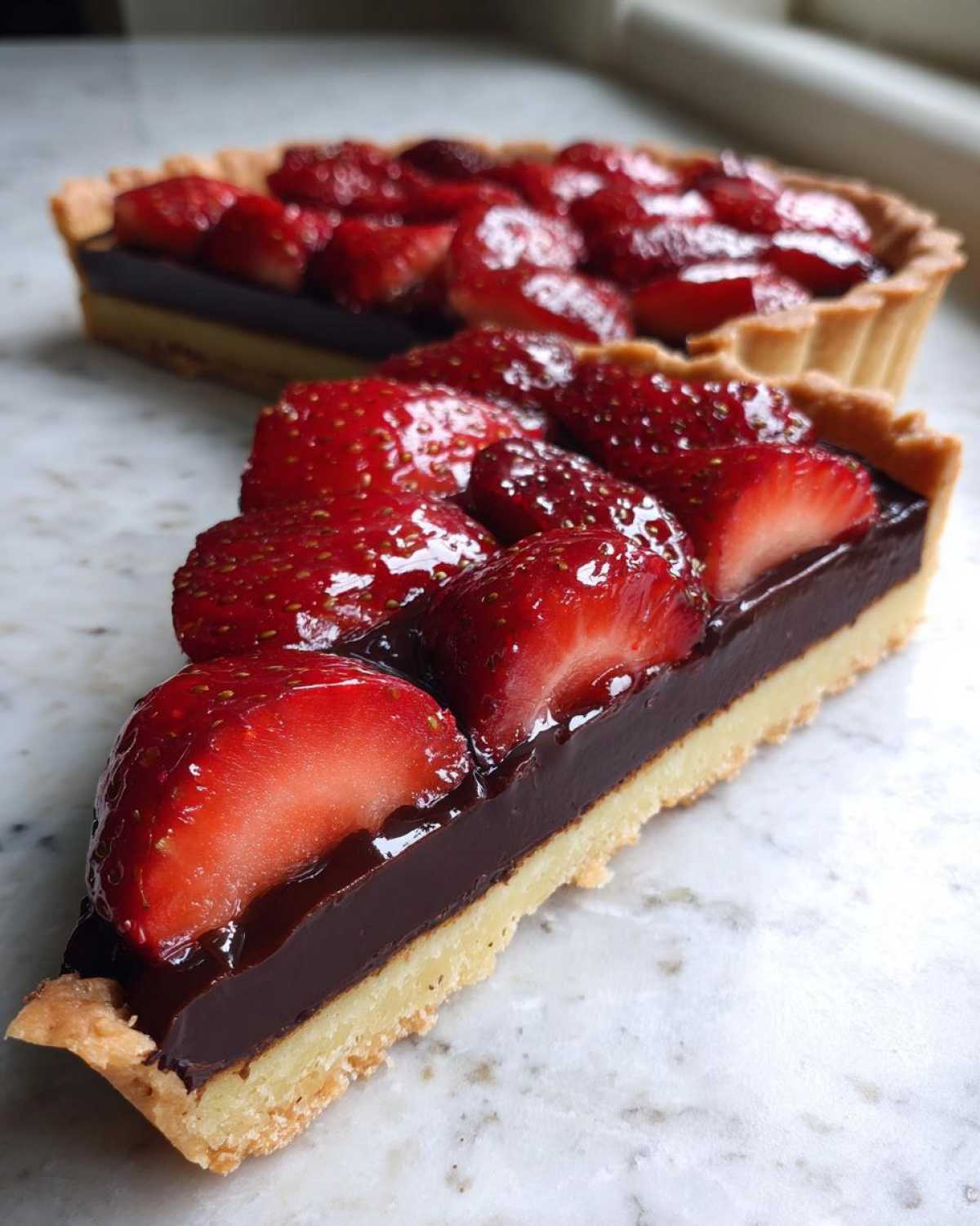 Close-up of a slice of Strawberry Chocolate Ganache Tart showing a buttery crust, dark chocolate filling, and glossy fresh strawberries.