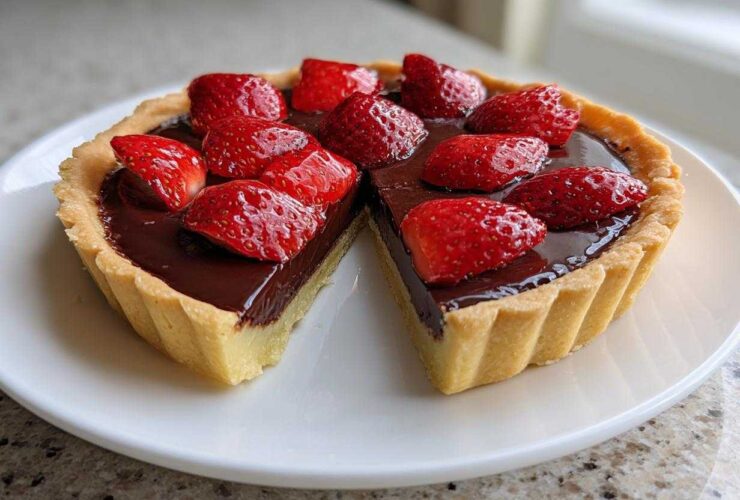 A whole Strawberry Chocolate Ganache Tart with one slice cut out, sitting on a white plate.