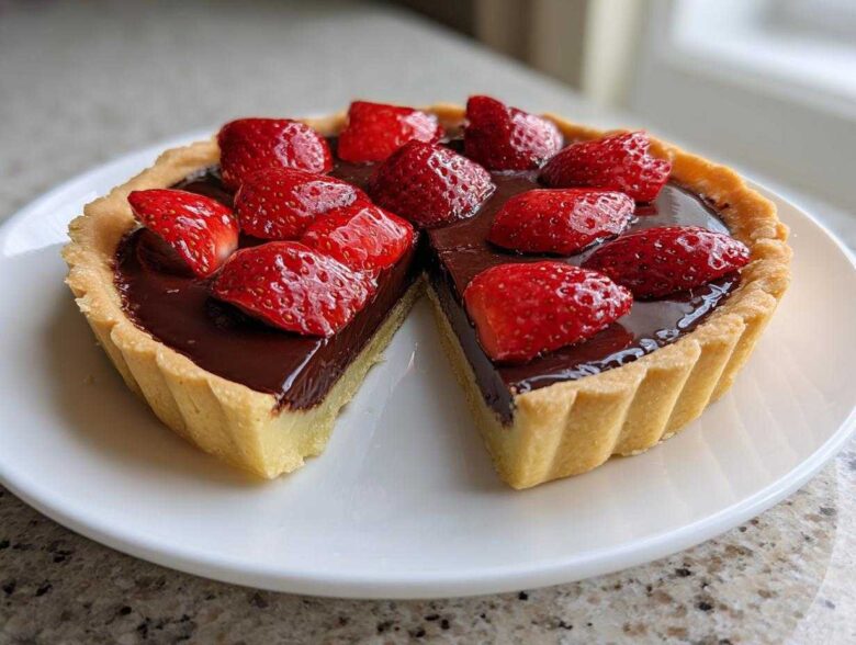A whole Strawberry Chocolate Ganache Tart with one slice cut out, sitting on a white plate.