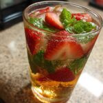 Close-up of a glass filled with Strawberry Iced Green Tea with Mint, featuring sliced strawberries and fresh mint leaves.