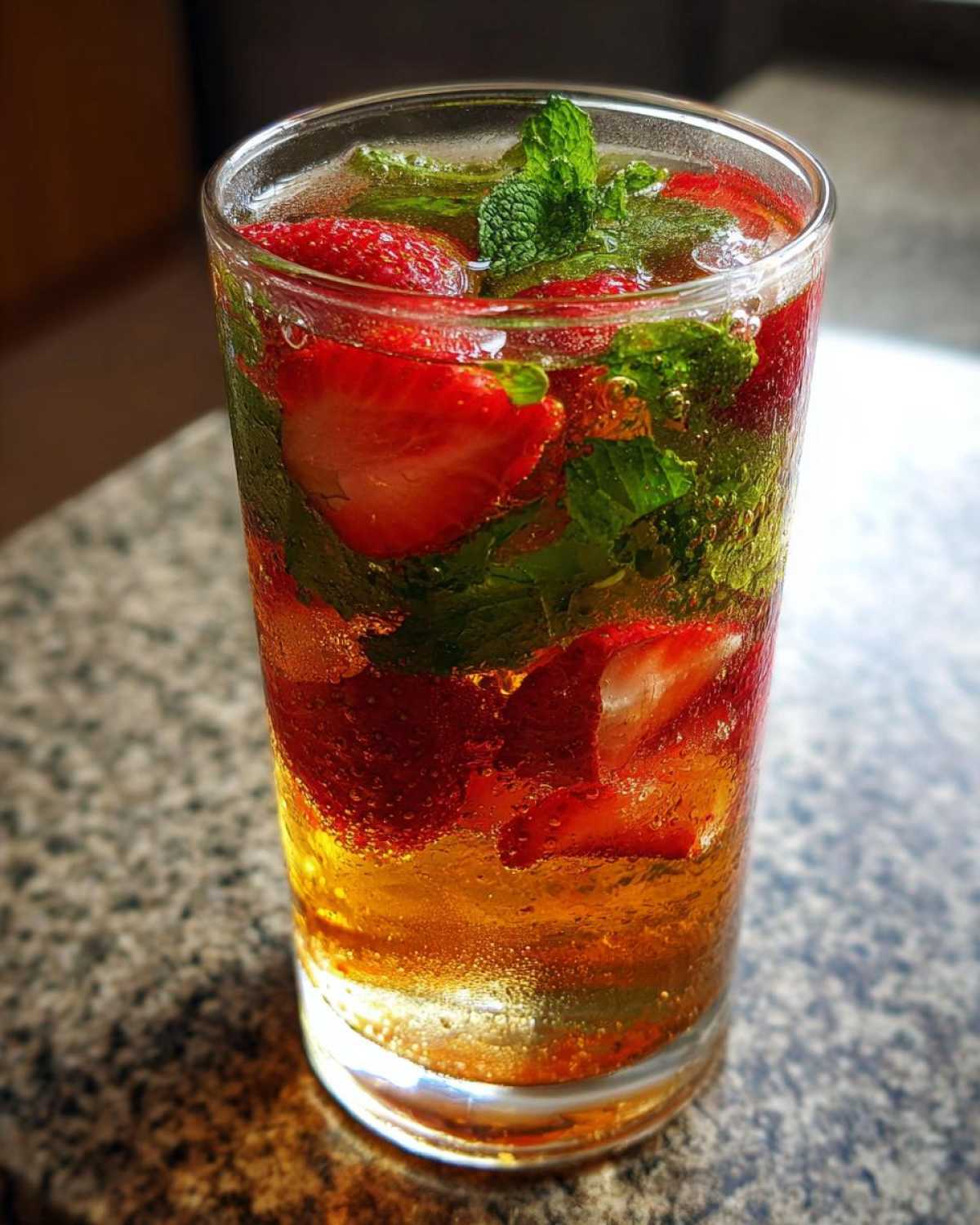 Close-up of a tall glass filled with Strawberry Iced Green Tea with Mint, featuring sliced strawberries and fresh mint leaves.