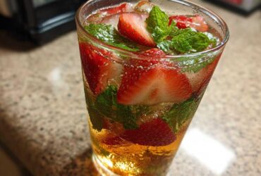 Close-up of a glass filled with Strawberry Iced Green Tea with Mint, featuring sliced strawberries and fresh mint leaves.