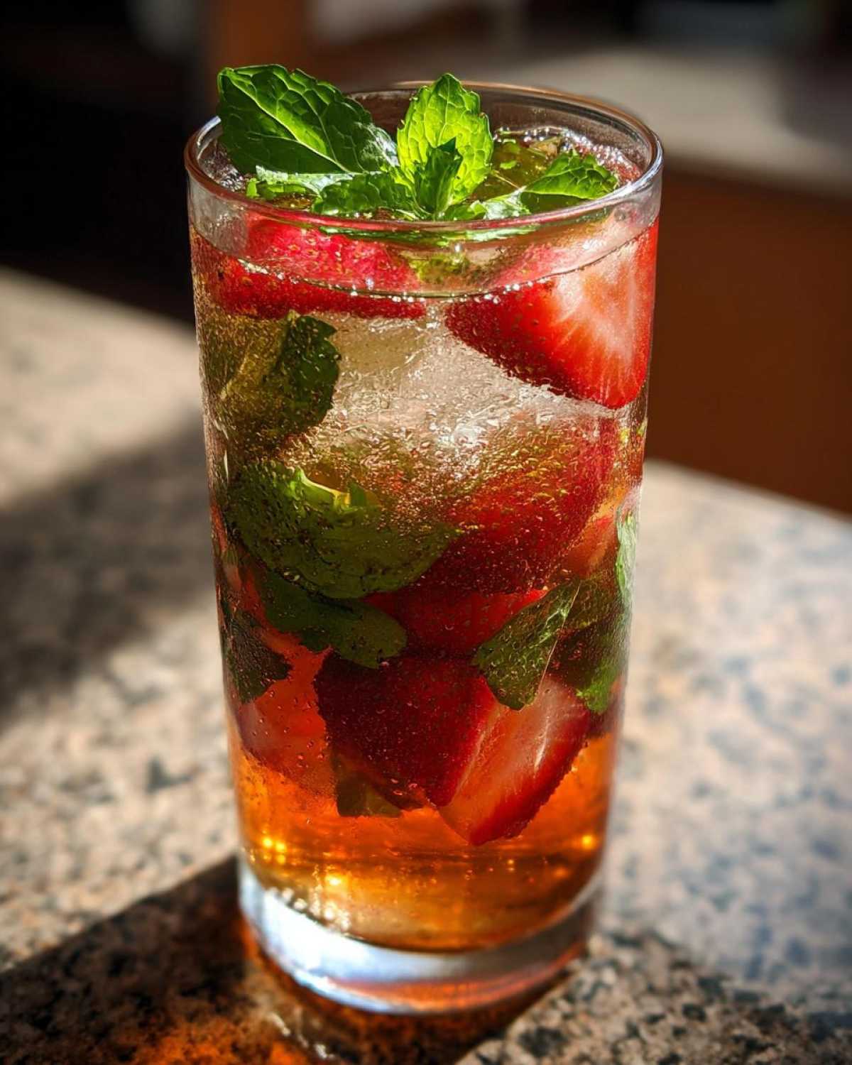 A tall glass filled with Strawberry Iced Green Tea with Mint, ice, sliced strawberries, and fresh mint leaves.