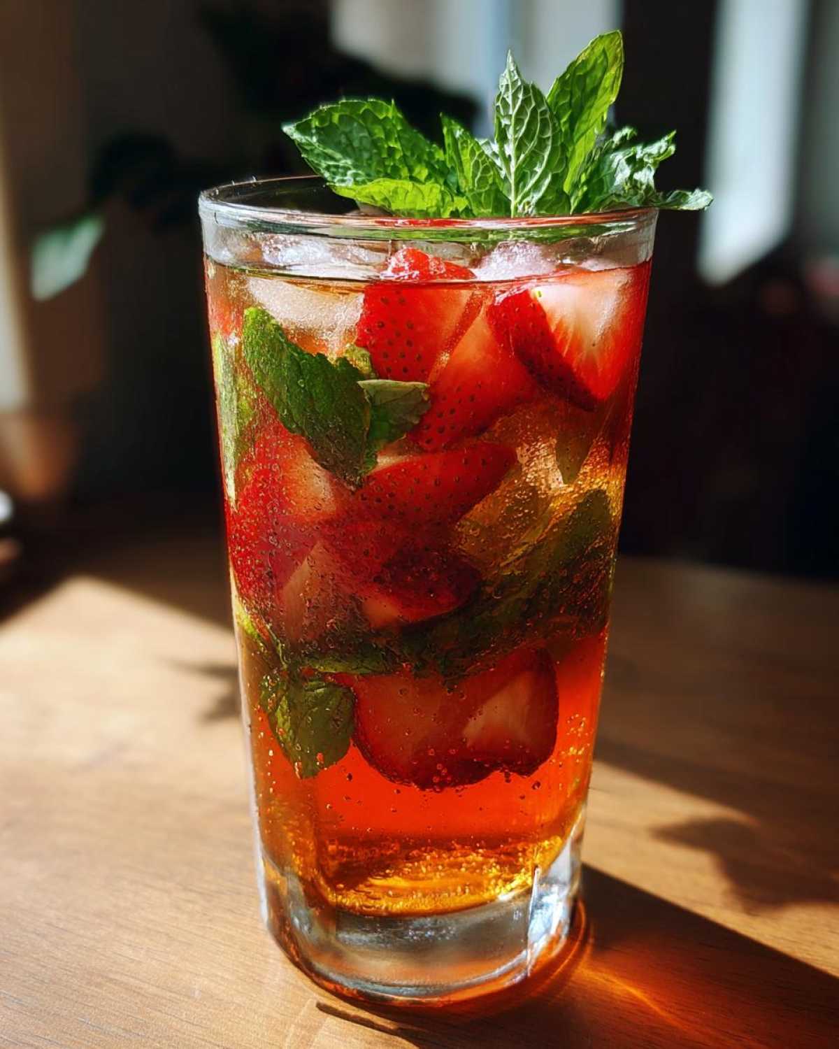 A tall glass filled with Strawberry Iced Green Tea with Mint, sliced strawberries, ice, and fresh mint leaves.