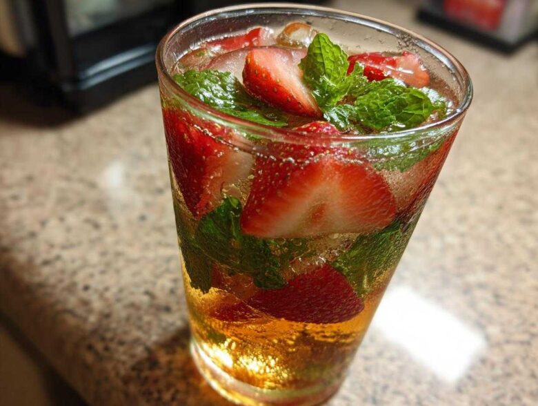 Close-up of a glass filled with Strawberry Iced Green Tea with Mint, featuring sliced strawberries and fresh mint leaves.