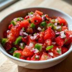 Close-up of vibrant Strawberry Jalapeno Salsa featuring diced strawberries, green peppers, and red onion in a white bowl.