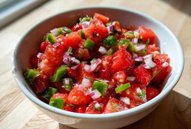 Close-up of vibrant Strawberry Jalapeno Salsa featuring diced strawberries, green peppers, and red onion in a white bowl.