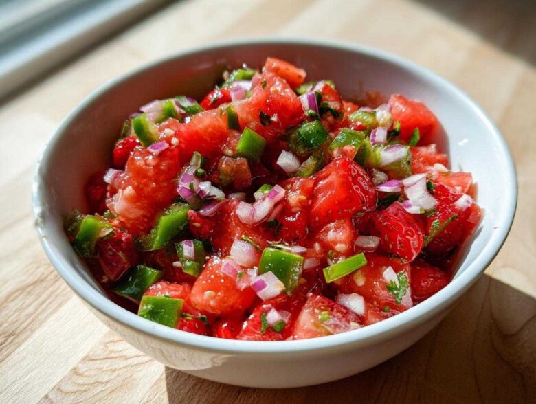 Close-up of vibrant Strawberry Jalapeno Salsa featuring diced strawberries, green peppers, and red onion in a white bowl.