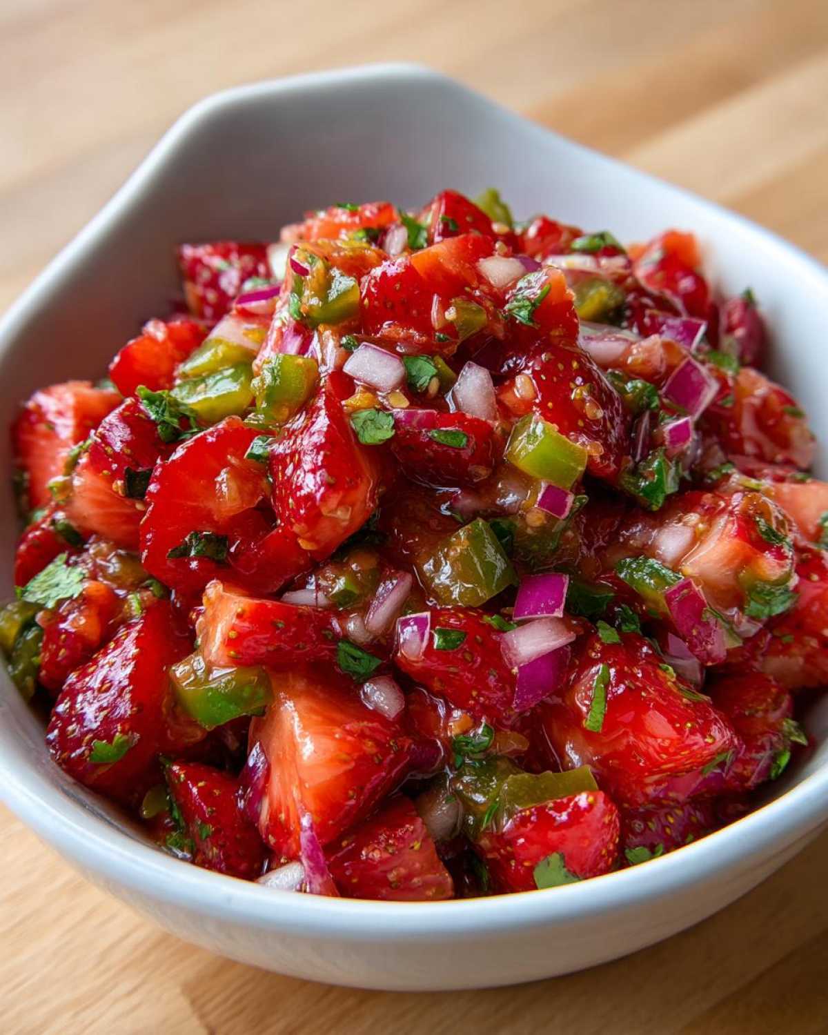 A white bowl filled with vibrant Strawberry Jalapeno Salsa, featuring diced strawberries, red onion, and green peppers.