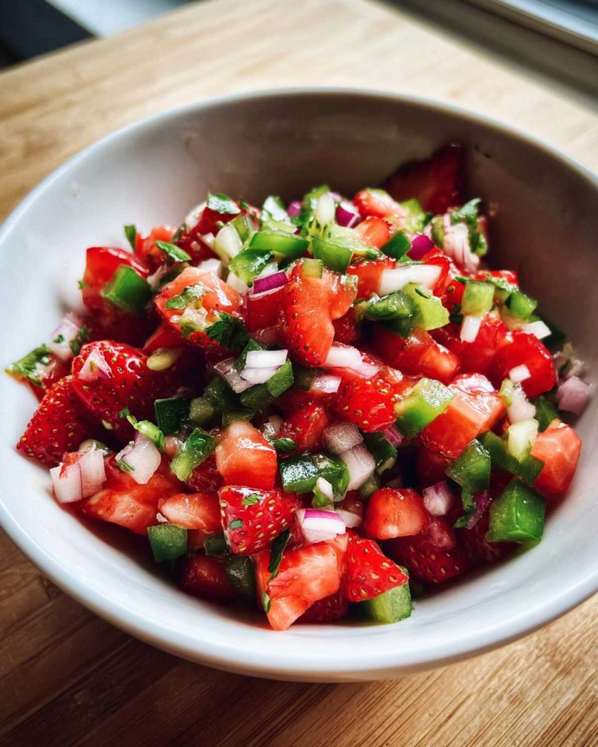 Close-up of vibrant Strawberry Jalapeno Salsa with diced strawberries, green peppers, and red onion in a white bowl.
