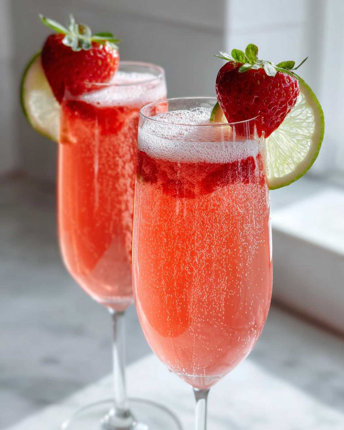 Two flute glasses filled with a fizzy, pink Strawberry Mimosa Mocktail, garnished with fresh strawberries and lime slices.