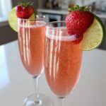 Two flutes filled with pink, bubbly Strawberry Mimosa Mocktail, garnished with fresh strawberries and lime slices.