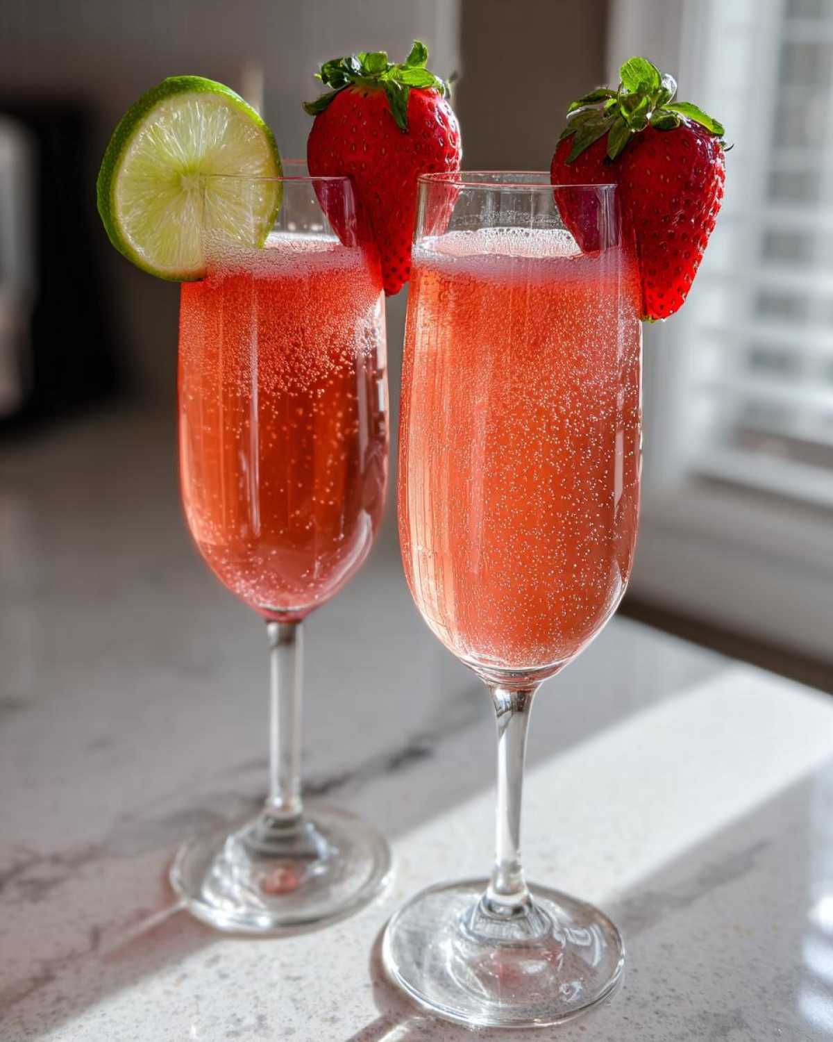 Two glasses of fizzy pink Strawberry Mimosa Mocktail garnished with fresh strawberries and lime.