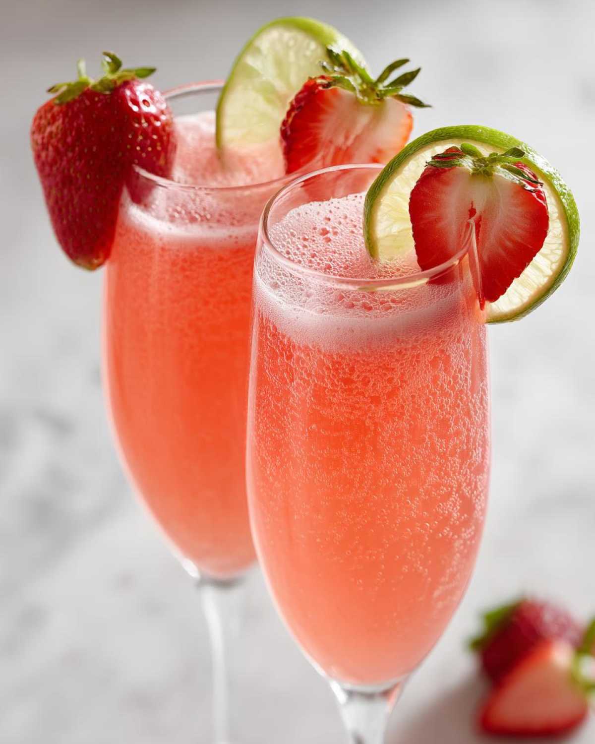 Close-up of two glasses of pink, bubbly Strawberry Mimosa Mocktail garnished with fresh strawberries and lime slices.