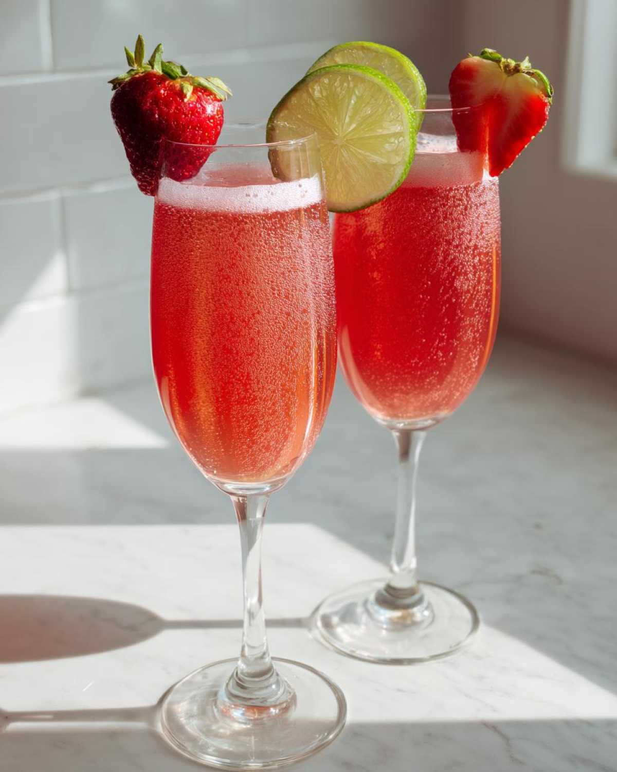 Two flutes filled with bright pink, bubbly Strawberry Mimosa Mocktail, garnished with fresh strawberries and lime slices.