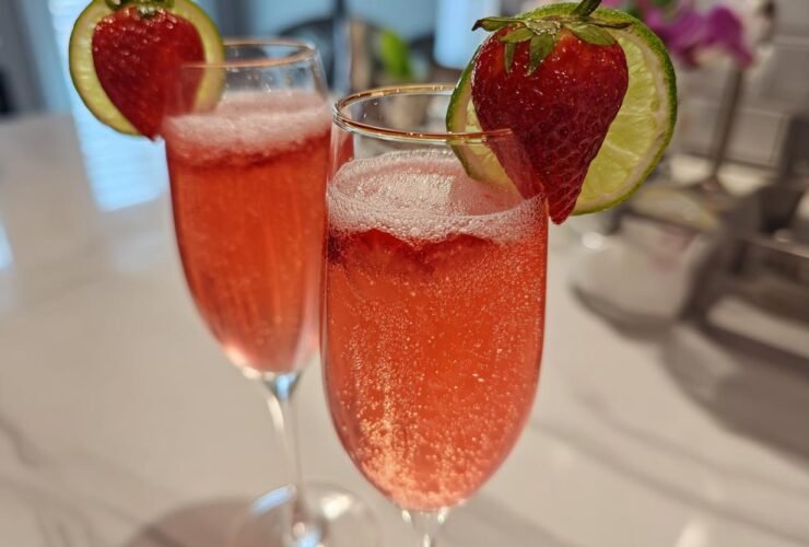 Two flutes filled with a fizzy, pink Strawberry Mimosa Mocktail, garnished with a fresh strawberry and lime slice.