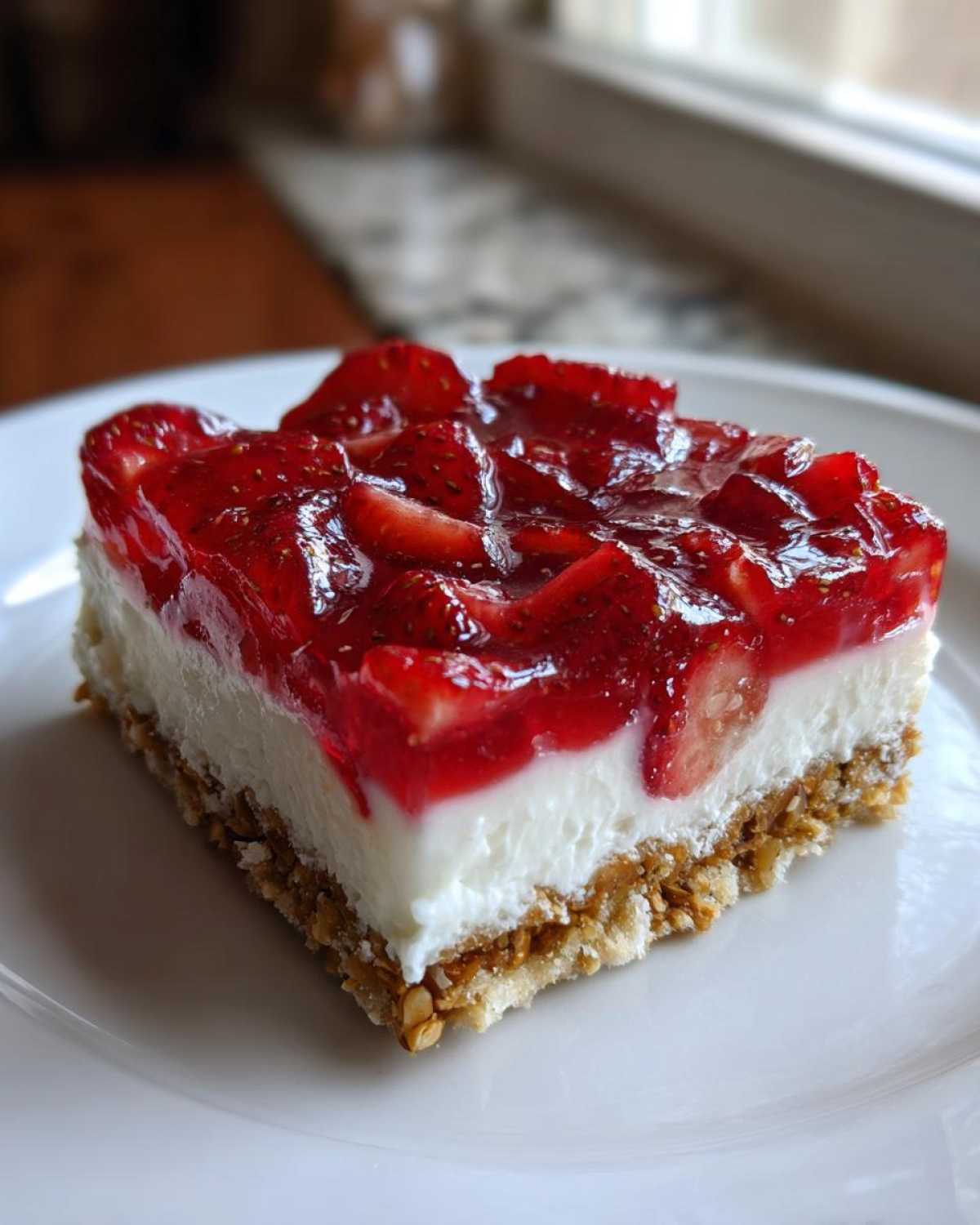Close-up of a single serving of Strawberry Pretzel Salad Dessert Squares showing the pretzel crust, cream cheese layer, and strawberry topping.