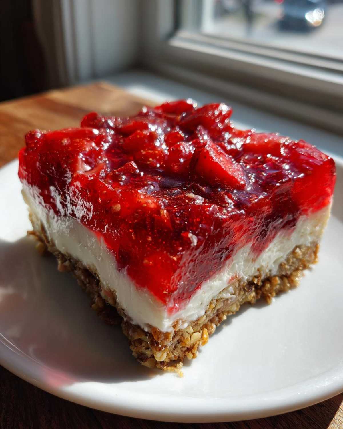 A close-up of one perfect slice of Strawberry Pretzel Salad Dessert Squares featuring a pretzel crust, cream cheese layer, and bright red strawberry topping.