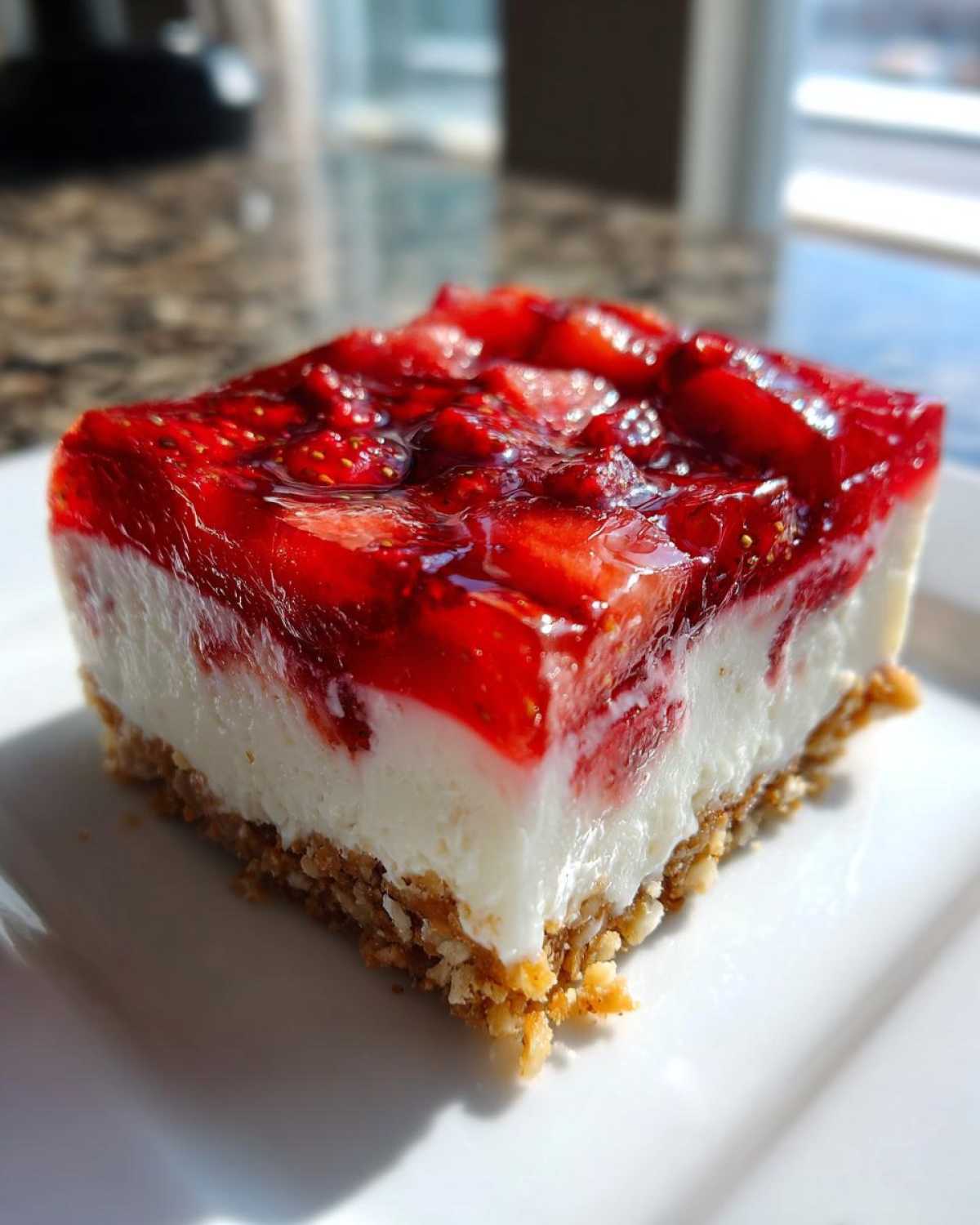A close-up of a single serving of Strawberry Pretzel Salad Dessert Squares on a white plate.