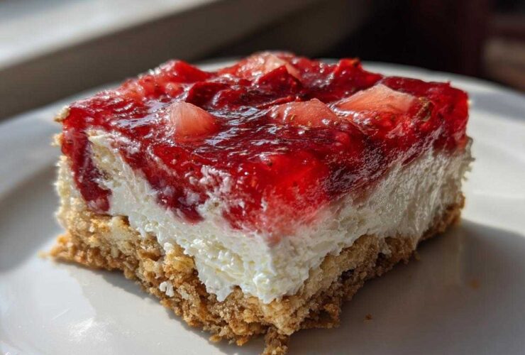 A single square of Strawberry Pretzel Salad Dessert Squares showing the pretzel crust, cream cheese layer, and bright red strawberry topping.
