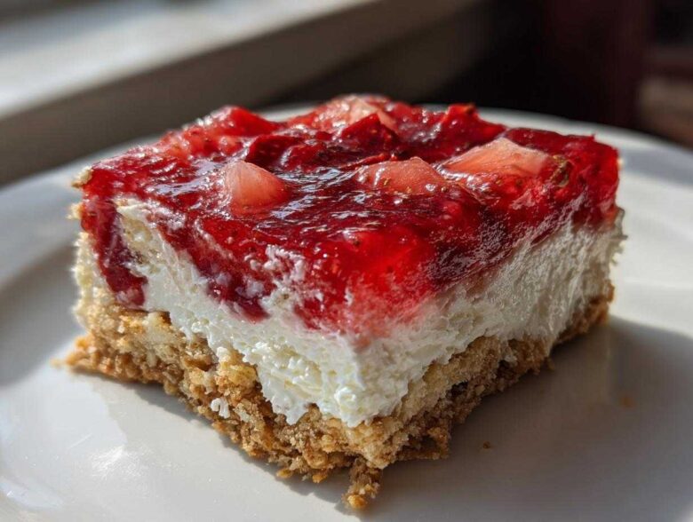 A single square of Strawberry Pretzel Salad Dessert Squares showing the pretzel crust, cream cheese layer, and bright red strawberry topping.