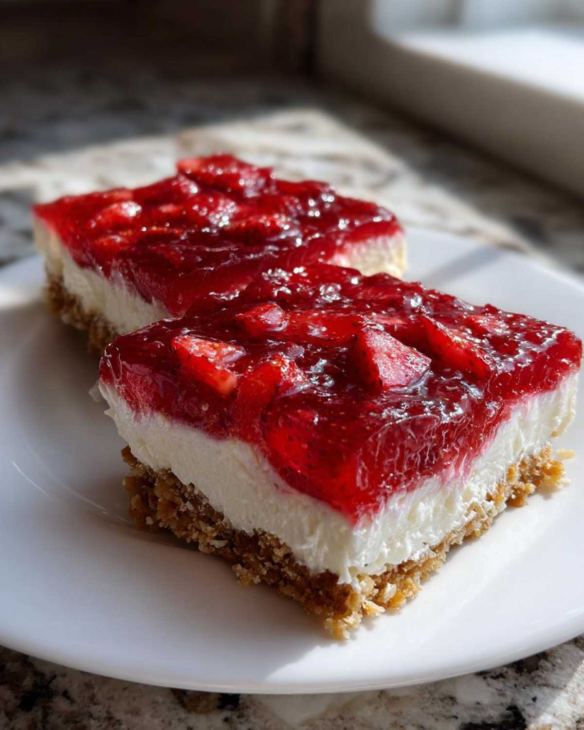 Two glistening slices of Strawberry Pretzel Salad Dessert Squares featuring a thick pretzel crust, cream cheese layer, and strawberry topping.