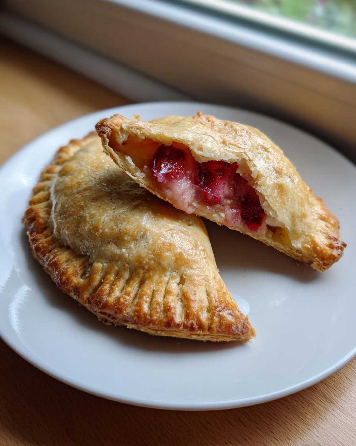 Two golden-brown Strawberry Rhubarb Hand Pies on a white plate, one cut open showing the bright red strawberry and rhubarb filling.