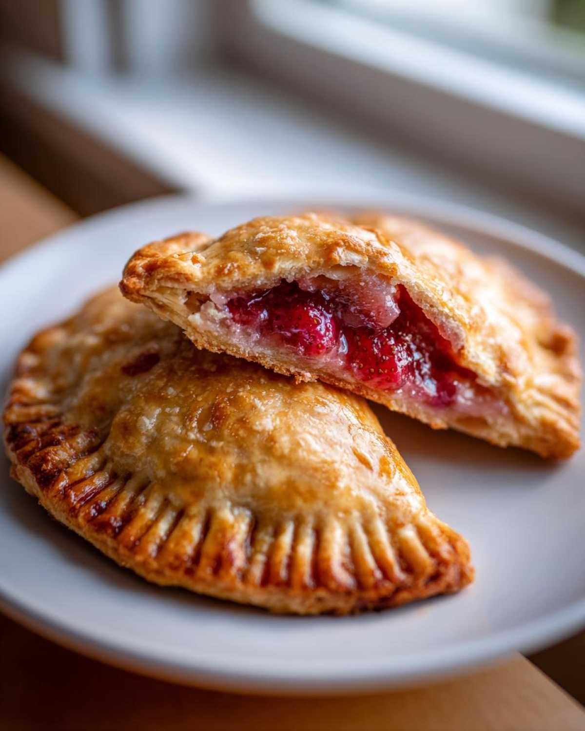 Two golden-brown Strawberry Rhubarb Hand Pies on a white plate, one cut open revealing the bright red fruit filling.
